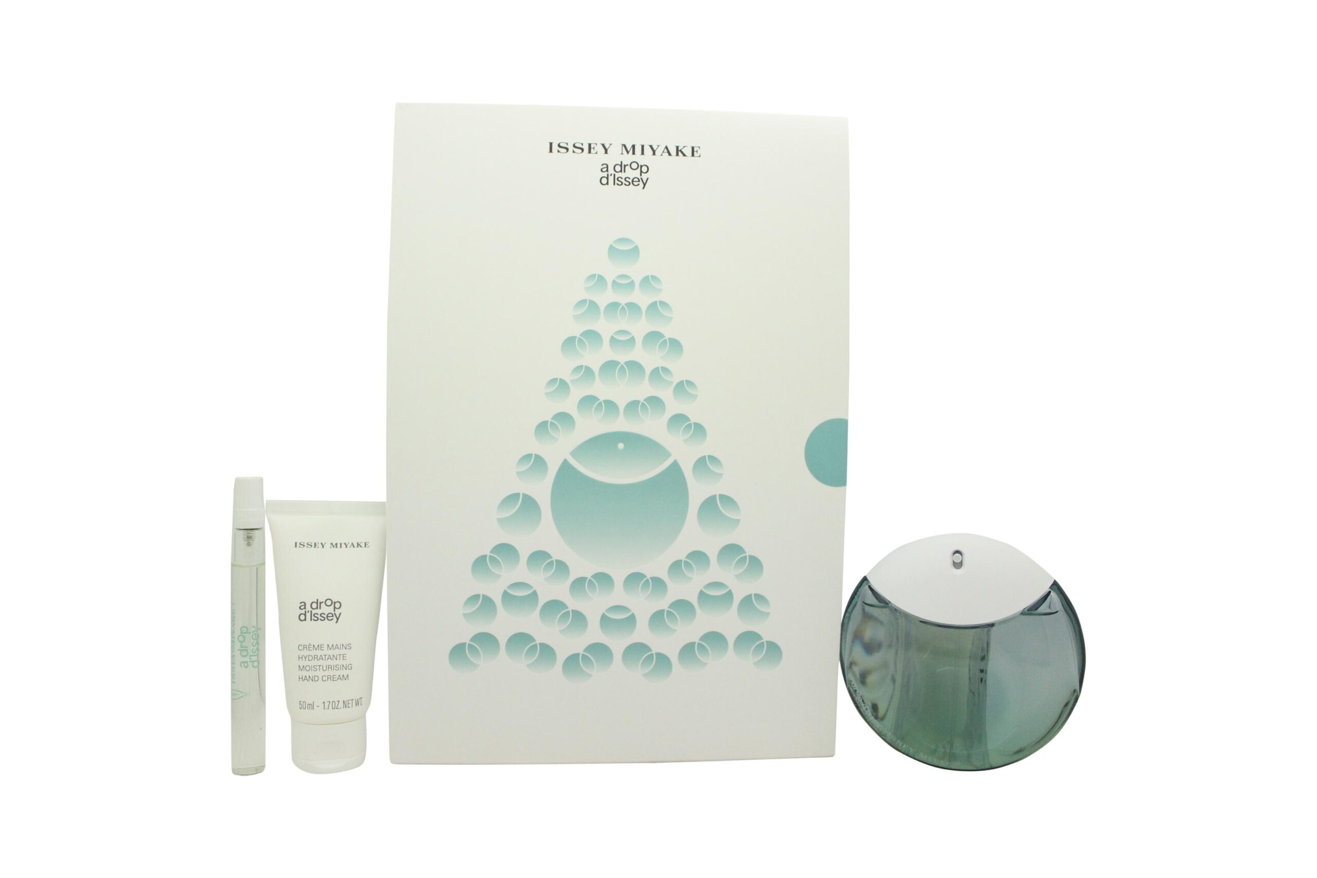 Issey Miyake A Drop d’Issey Presentset 90 EDP Sprej + 50ml Återfuktande Handkräm + 10ml EDP Handväska Sprej